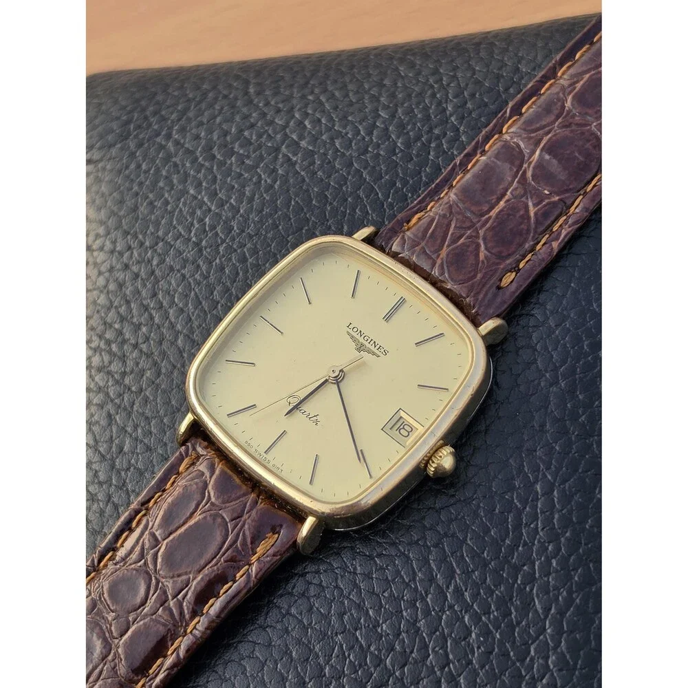 VTG Longines Golden TV Mens Watch Classical Champagne Dial Brown Leather Swiss